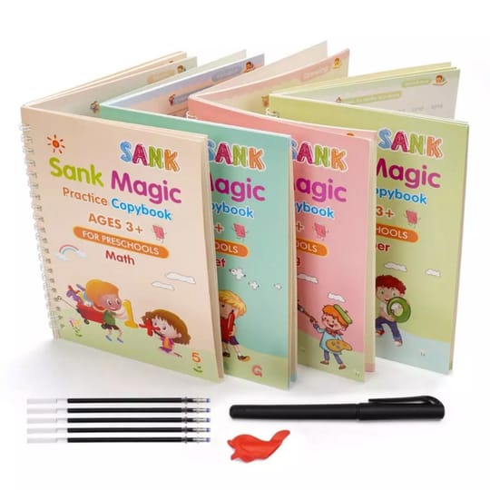 Sank Magic Book Practice | Tracing Handwriting First Pre-school Baby Learning Books For Kids (4 Books + Magic Pen With 5 Ink Refills)